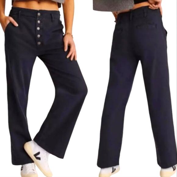 Anthropologie Pilcro high rise navy button fly wide leg chino relaxed pant 26‎ - Picture 1 of 11